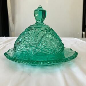 Vintage Viking Glass Dalzell Domed Lidded Cheese Butter Dish Pressed Glass Green